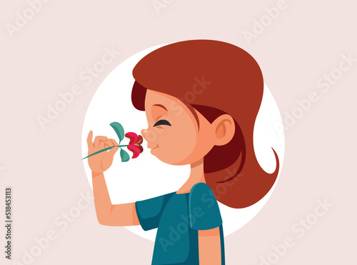 Cute Little Girl Smelling a Flower Vector Cartoon Illustration. Child holding a blossomed plant admiring its scent
