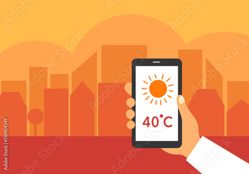 Hand holding smartphone with weather forecast on mobile app. Hot summer day. Tropical climate. 