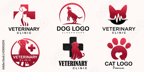 Pet care icon set logo with dog and cat silhouette symbol for store veterinary clinic hospital