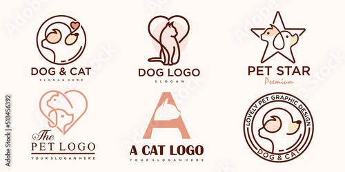 Pet care icon set logo with dog and cat silhouette symbol for store veterinary clinic hospital