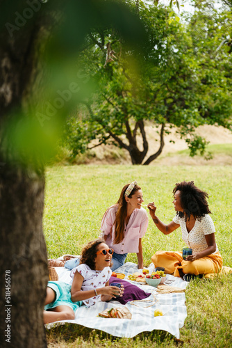 Multiethnic lesbian couple with their daughter enjoying picnic photo