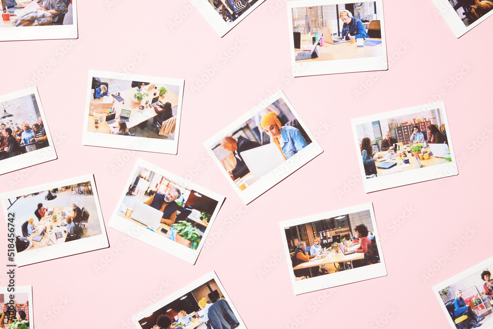 assortment of polaroids of business people working assortment of polaroids of business people working