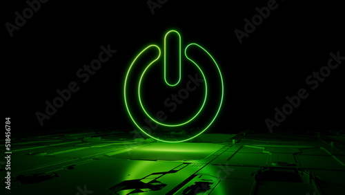 Green Activate Technology Concept with power symbol as a neon light. Vibrant colored icon, on a black background with high tech floor. 3D Render photo