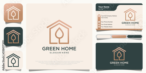Flat green home with green leaf inside logo design template