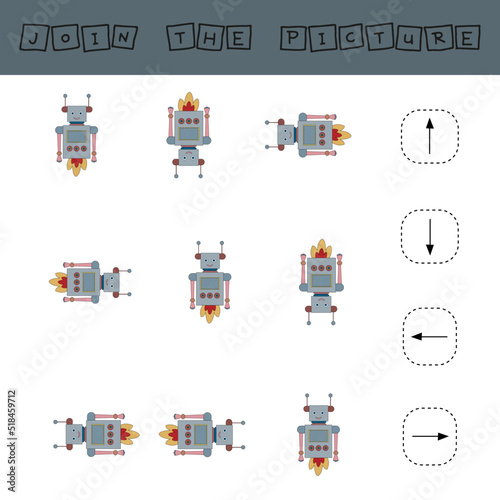 Match cartoon robots and directions up  down  left and right. Educational game for children. 
