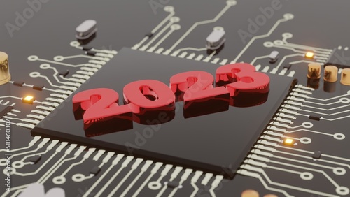 2023 text over computer processor on circuit board 3d render illustration. Conceptual future technology illustration.