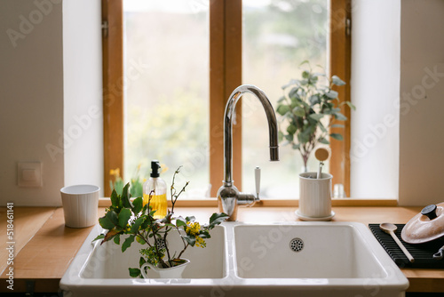 farmhouse kitchen sink with flowers