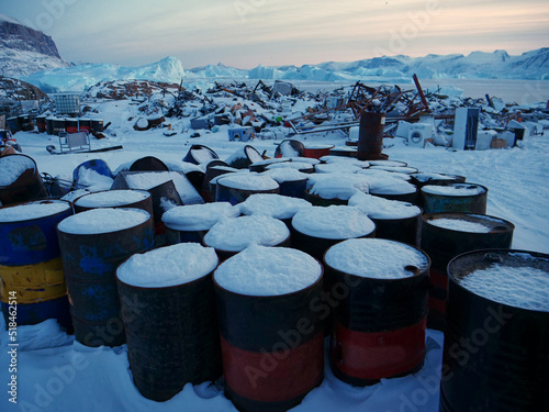 Greenland garbage dump, decaying oil drums for fossil fuels photo