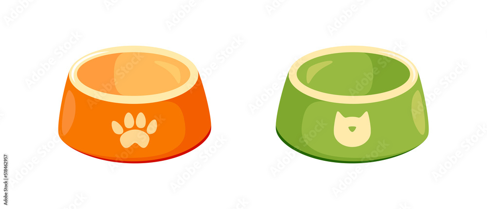 Pet bowl set. Empty bowls for cat or dog for kibbles and water. Vector illustration in cute cartoon style