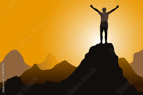 Hiker with arms up standing on the top of the mountain - Successful man enjoying triumph - Sport and success concept