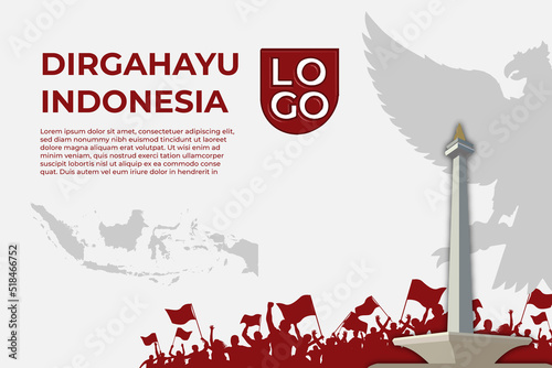 Dirgahayu Indonesia Independence day White background Template with ornaments Monas,euphoria people and Flat Garuda 