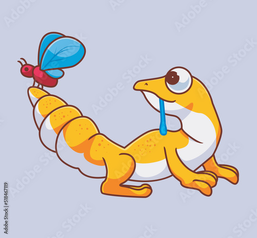 cute gecko hunting an insect. Isolated animal illustration. Flat Style Sticker Icon Premium vector