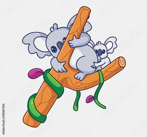 cute koala family on tree. Isolated animal illustration. Flat Style Sticker Icon Premium vector
