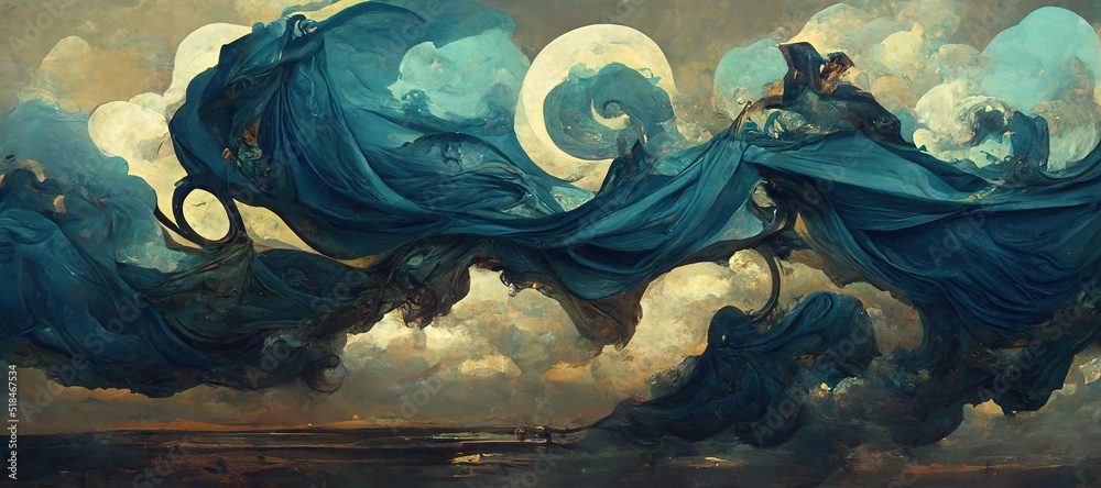 Naklejka premium Epic silk fabric fluttering and wind blown, carried away by renaissance inspired fantasy art style clouds and abstract celestial moon. Vast gorgeous cloudscape.