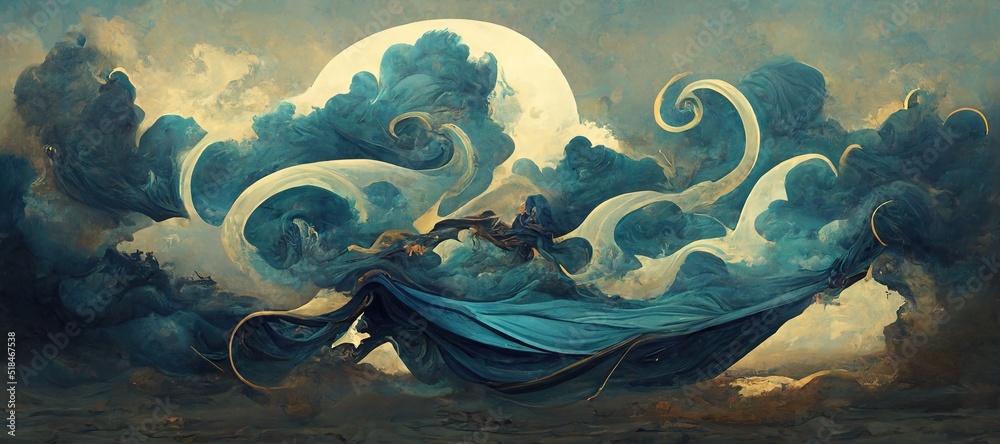 Epic silk fabric fluttering and wind blown, carried away by renaissance inspired fantasy art style clouds and abstract celestial moon.  Vast gorgeous cloudscape. - obrazy, fototapety, plakaty 