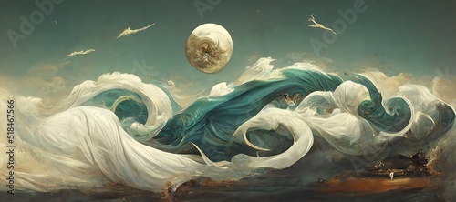 Epic silk fabric fluttering and wind blown, carried away by renaissance inspired fantasy art style clouds and abstract celestial moon.  Vast gorgeous cloudscape. photo