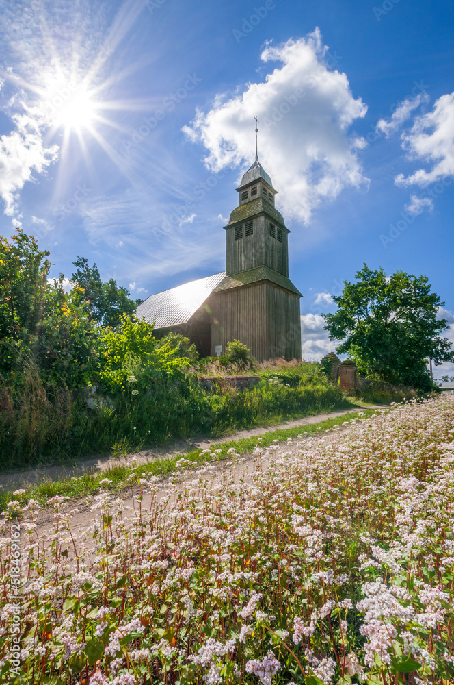 Wooden church in Nowe Dwory, village in Greater Poland Voivodeship.