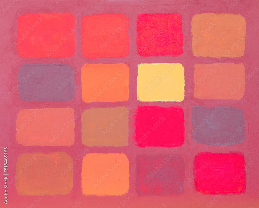 An array of roughly painted squares of warm color on a dull red ground An array of roughly painted squares of warm color on a dull red ground