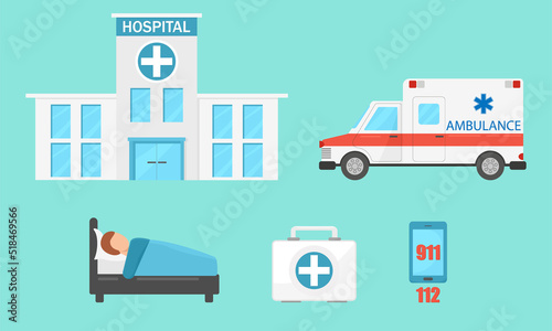 Set of isolated images, ambulance, hospital, hospital bed, emergency phone and medical suitcase