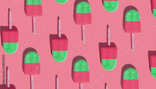 Two colored ice creams on a stick on a colored background. Creative pattern. Hot summer weather concept. Refreshing summer food