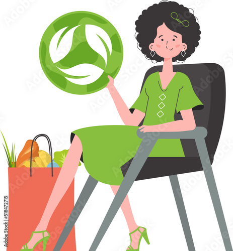 A woman sits next to a package of healthy food and redirects the EKO icon. Isolated on white background. Trend style, vector illustration.
