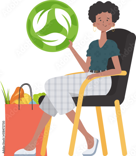 A woman sits next to a package of healthy food and redirects the EKO icon. Isolated on white background. Trend vector illustration.