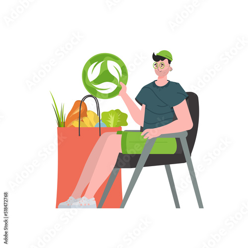 A man is sitting next to a bag of healthy food and is holding an EKO icon. Isolated on white background. Trend vector illustration.