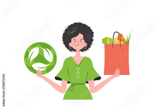 The woman is shown waist-deep and holding a bag of healthy food in her hands and showing the EKO icon. Isolated. Trend style, vector illustration.