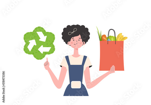 The woman is shown waist-deep and holding a bag of healthy food in her hands and showing the EKO icon. Isolated. Flat trendy style. Vector.