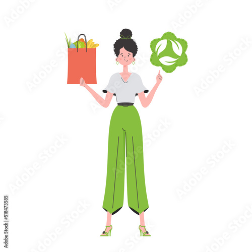 The girl is depicted in full growth and holds a bag of healthy food in her hands and shows the EKO icon. Isolated. Trend style, vector illustration.