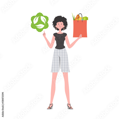 The girl is depicted in full growth and holds a bag of healthy food in her hands and shows the EKO icon. Isolated. Trend vector illustration.