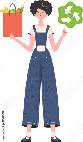 The woman is depicted in full growth and holds a bag of healthy food in her hands and shows the EKO icon. Isolated. Trend vector illustration.