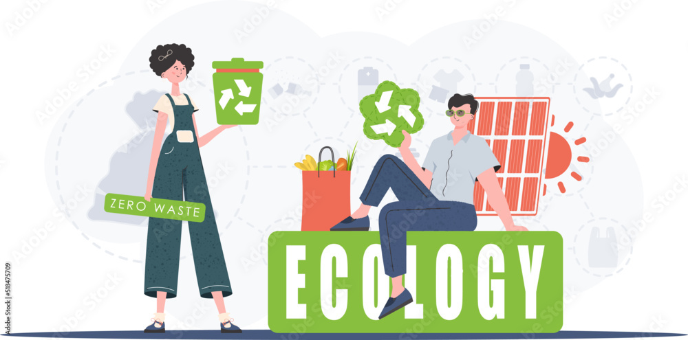 Ecology and green planet concept. Green processing industry. Environmental illustration for the web. Trend style, vector illustration.