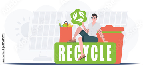 The guy is sitting next to the package of the right food and holding the EKO icon. Ecology and green planet concept. Trend style, vector illustration.
