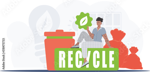A man sits next to a package of proper food and holds an EKO icon. The concept of ecology, recycling and green planet. Flat trendy style. Vector.