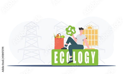 A man sits next to a package of proper food and holds an EKO icon. Ecology and green planet concept. Trend style, vector illustration.
