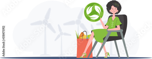 A woman sits next to a package with healthy food and holds an EKO icon. The concept of ecology, zero waste and healthy eating. Trend style, vector illustration.