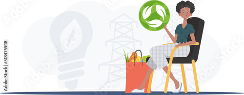 A woman sits next to a package with healthy food and holds an EKO icon. The concept of ecology, zero waste and healthy eating. Trend vector illustration.