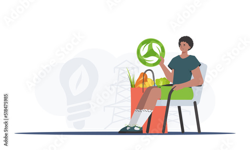 A man sits next to a bag of healthy food and holds an EKO icon. The concept of ecology, zero waste and healthy eating. Trend vector illustration.
