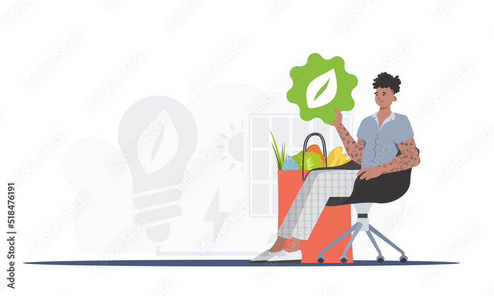 The guy is sitting next to a package with healthy food and holding an EKO icon. Healthy food, ecology, recycling and zero waste concept. Trend vector illustration.
