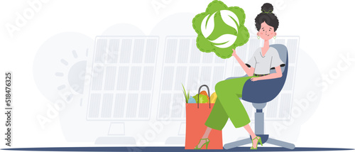 The girl is sitting next to a package with healthy food and holding an EKO icon. Healthy food, ecology, recycling and zero waste concept. Flat trendy style. Vector.