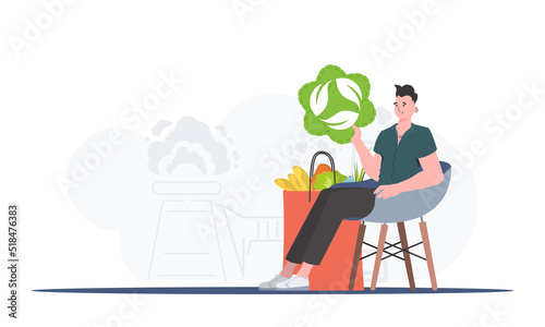 The guy is sitting next to a package with healthy food and holding an EKO icon. The concept of ecology, zero waste and healthy eating. Trend style, vector illustration.