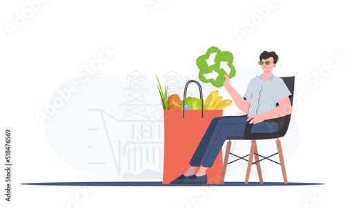 A man sits next to a bag of healthy food and holds an EKO icon. Healthy food, ecology, recycling and zero waste concept. Trend vector illustration.