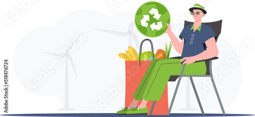 A man sits next to a bag of healthy food and holds an EKO icon. Healthy food, ecology, recycling and zero waste concept. Flat trendy style. Vector.