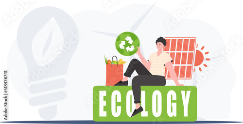 A man sits next to a package of proper food and holds an EKO icon. The concept of ecology, recycling and green planet. Trend style, vector illustration.