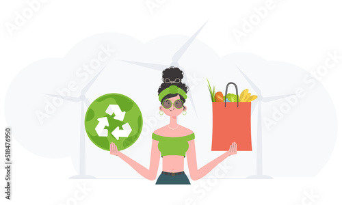 The woman is shown waist-deep holding an EKO icon and a package of proper nutrition. Healthy food, ecology, recycling and zero waste concept. Trend vector illustration.