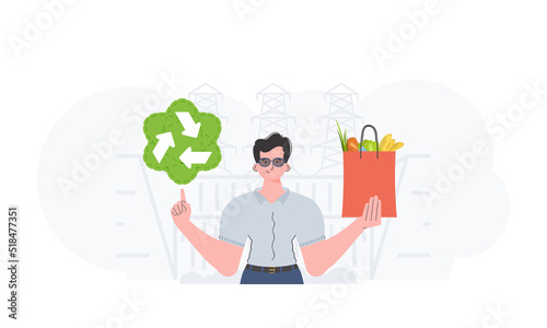 The man is shown waist-deep holding an EKO icon and a bag of proper nutrition. Healthy food, ecology, recycling and zero waste concept. Trend style, vector illustration.