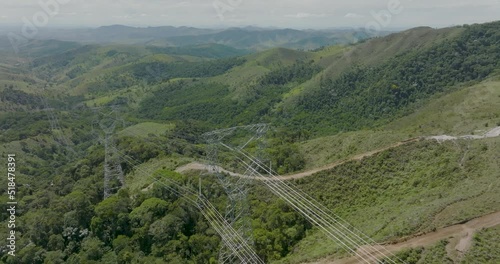 Aerial flying backwards over overhead powerlines in countryside, Brazil photo