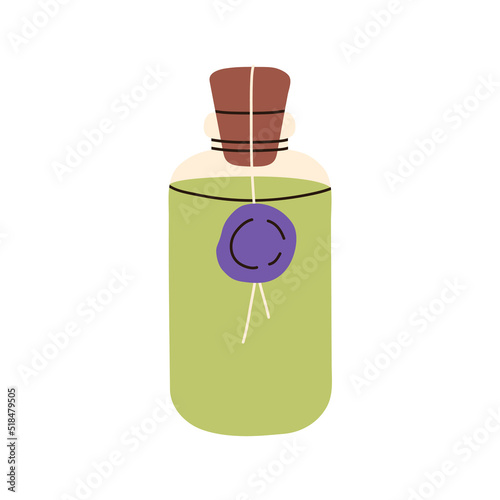 Glass bottle with abstract liquid, potion. Corked, wax sealed container with ...