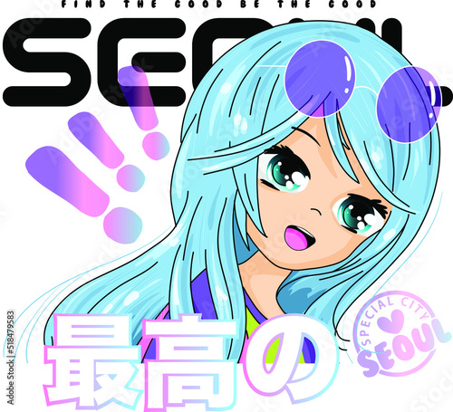 colose up anime girl with big eyes and blue hair greets you. She reflects street fashion with her colorful sunglasses.  Korean text means 
